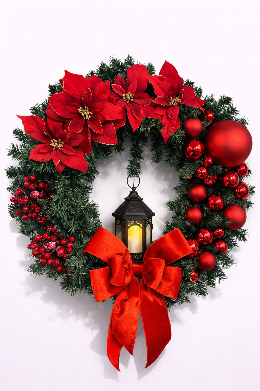 Holiday Magic Light Wreath - Red Poinsettia Lantern Arrangement - Large red poinsettias with gold-edged petals crown a lush evergreen light wreath that immediately announces holiday cheer - perfect as a Christmas or winter accent and for welcoming guests during the holiday season. The Holiday Magic Light Wreath places a black metal lantern with a candle-like light in the open center, so the person you're gifting will feel warmth and cozy glow the moment they see it. This wreath makes a classic statement for seasonal decorating or as a thoughtful winter gift that reads as festive without feeling fussy.  The arrangement balances texture and shine: silk poinsettias and red decorative berry picks sit against deep green foliage, while clusters of shiny and matte red ornament balls add reflective highlights. A full red velvet bow anchors the bottom and complements the red color palette, and the black lantern and candle bring contrast and a sculptural focal point. Designed to hang on a door or above a mantel, it's sized to be noticeable without overwhelming entryways in Newington, CT homes and holiday events.  Give this wreath to someone you want to make feel truly welcomed and celebrated - ideal for hosts, neighbors, or as a seasonal gift that brightens winter gatherings. Care is simple: keep the wreath hung away from direct heat sources and indoor flames (the lantern is decorative with a candle-like light) to preserve the silk flowers and velvet bow so it can be enjoyed throughout the season and beyond.