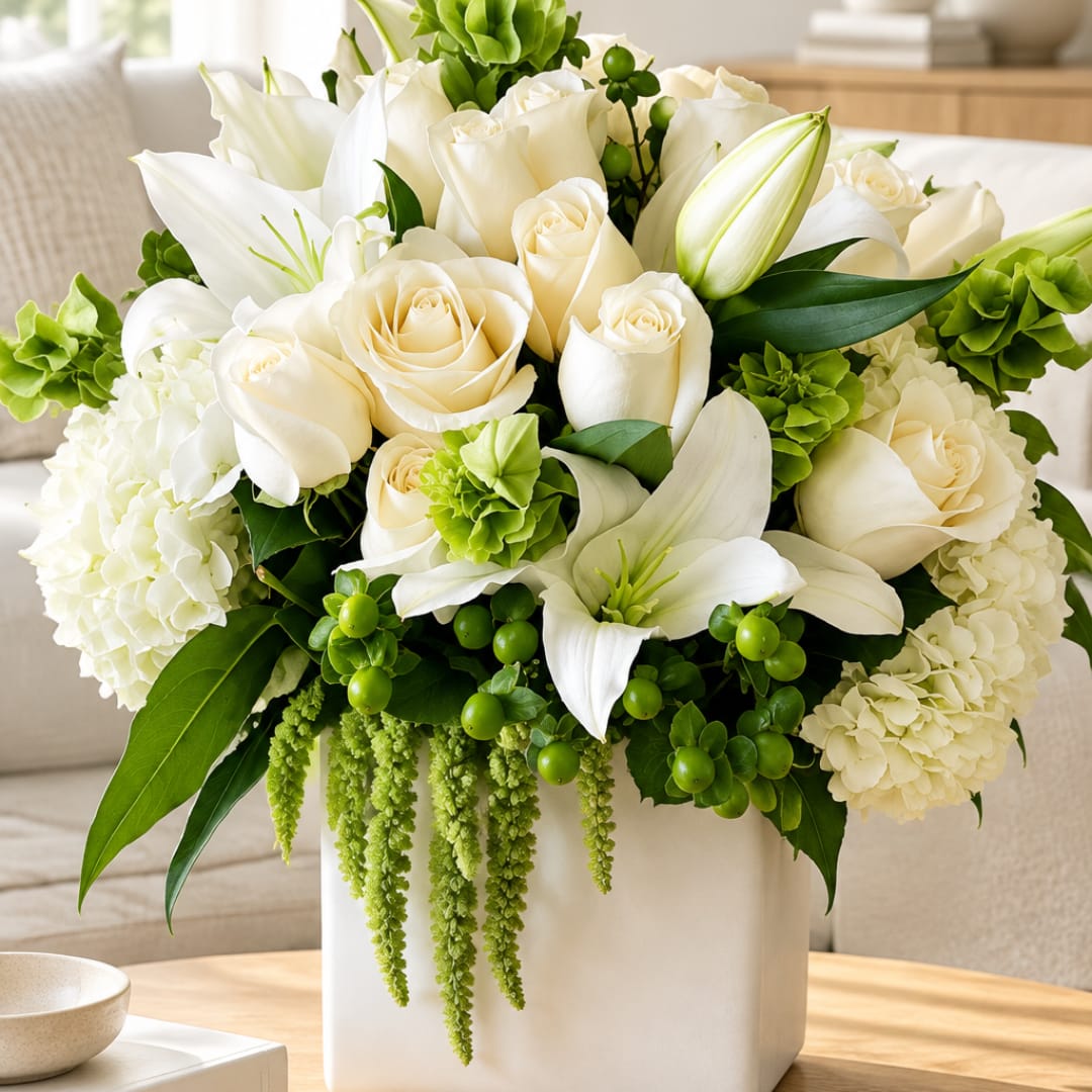 White roses and lilies arranged in a white vase with green accents