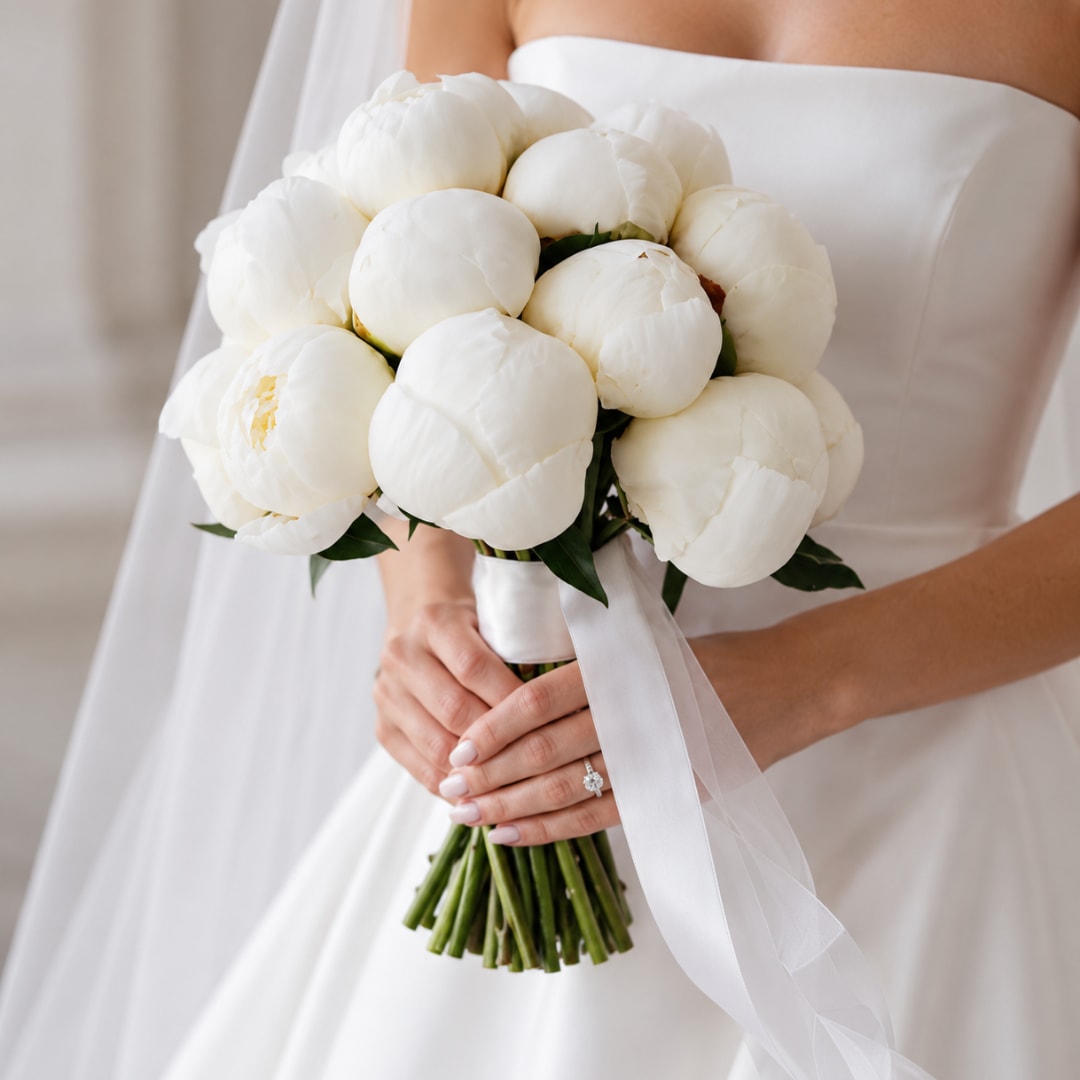 Bride holding a white peony bouquet with a satin ribbon