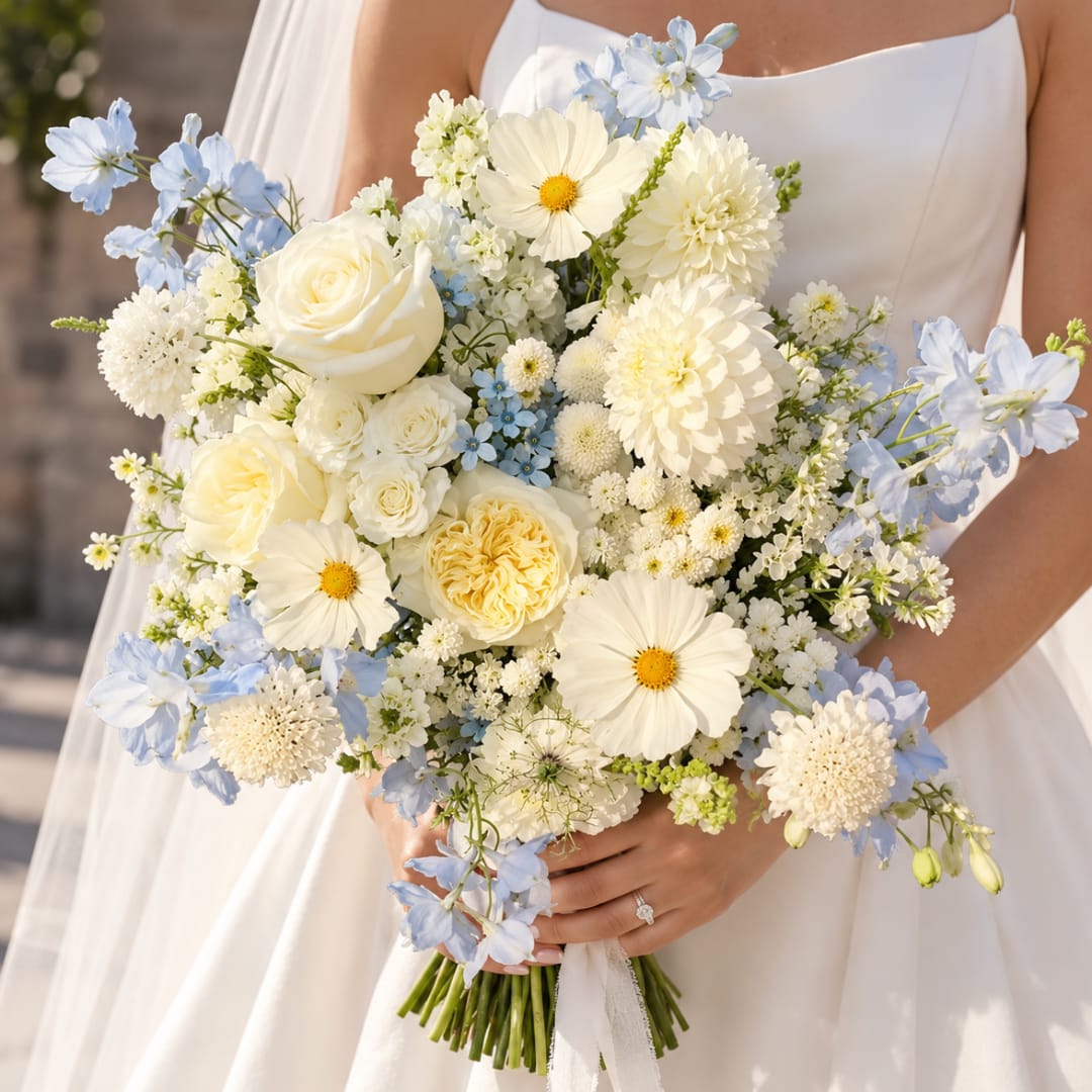 Bride holding a white and pale blue bouquet with roses and daisies