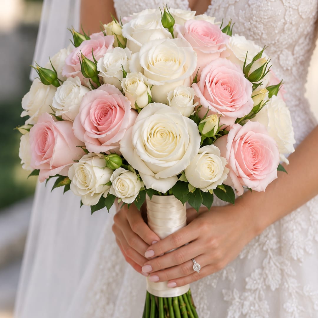 Bride holding a bouquet of pink and white roses
