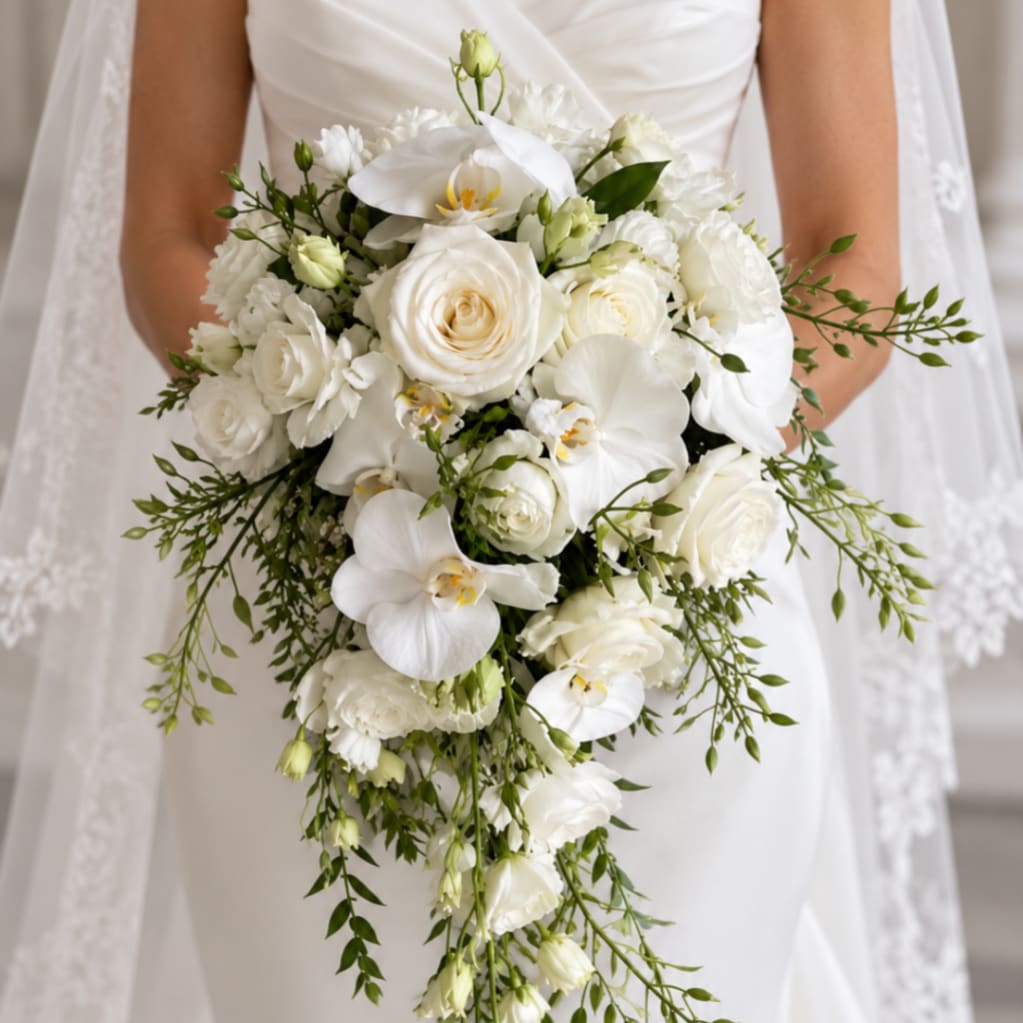 Bride holding a cascading white bouquet with orchids and roses