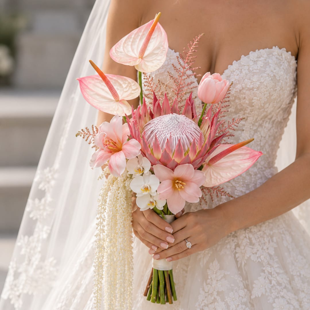 Bride holding a pink and white tropical bouquet