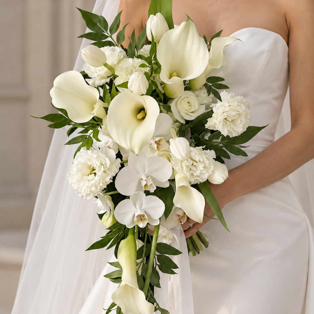 Bride holding a cascading bouquet of white calla lilies and orchids