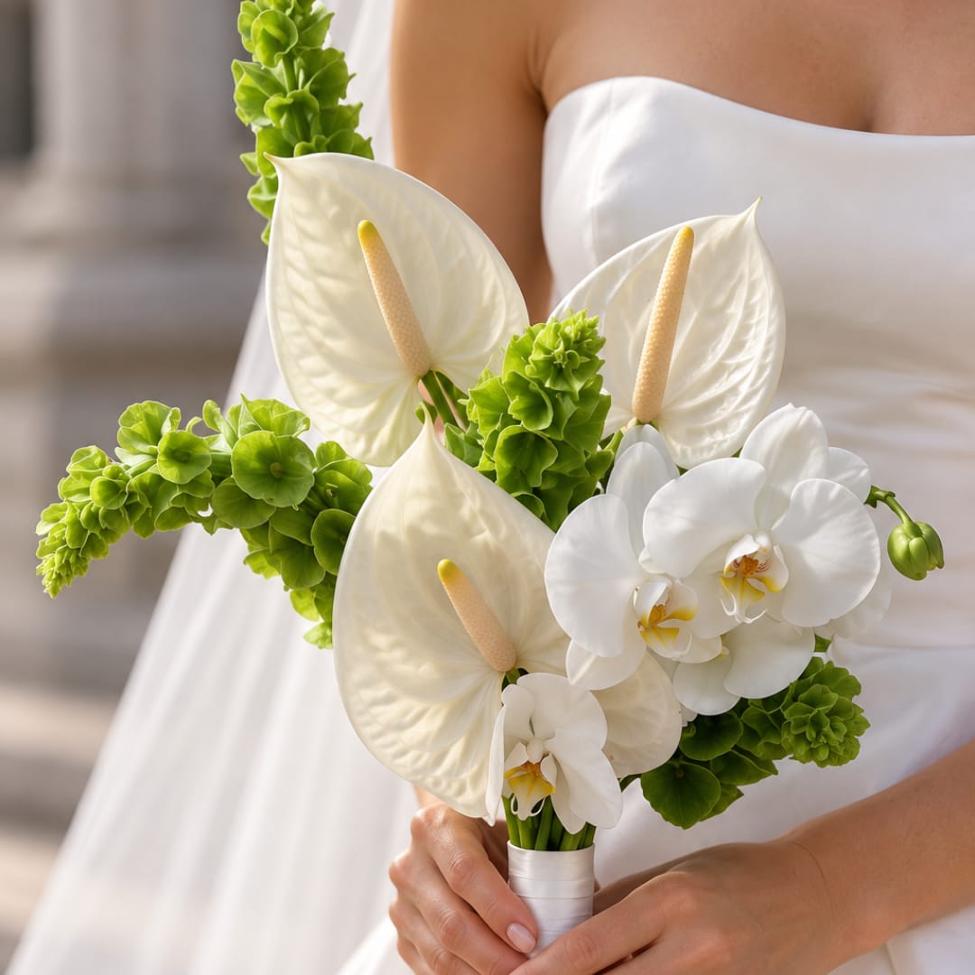 Bride holding a bouquet of white calla lilies, orchids, and green flowers