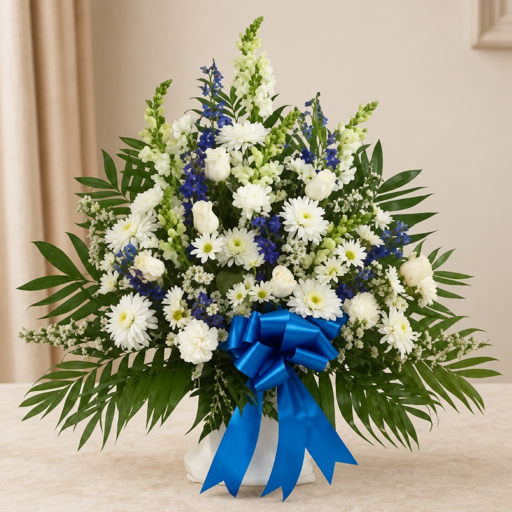 White and blue floral arrangement with a blue ribbon in a white vase