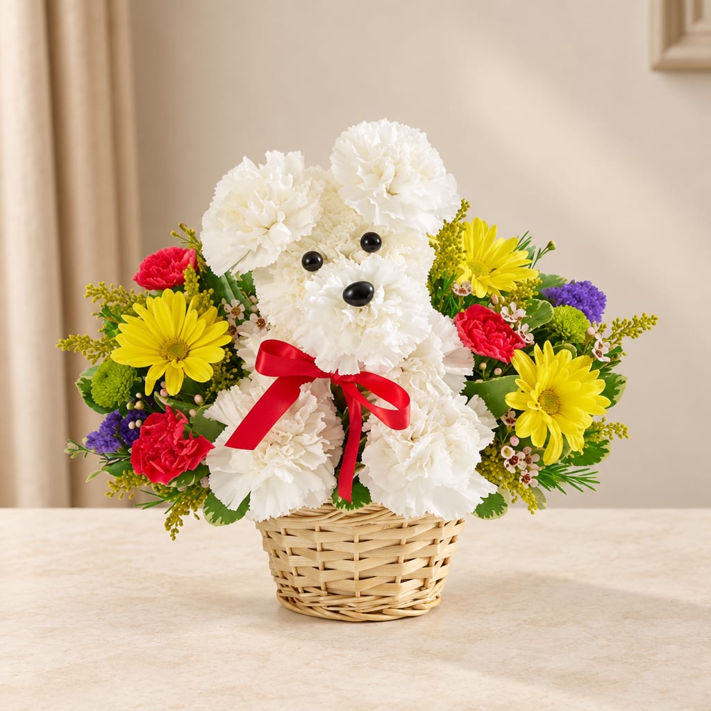 White teddy bear made of flowers in a wicker basket with a red bow