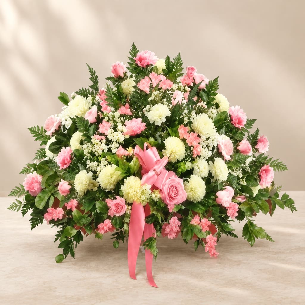 Pink and white floral arrangement with a pink ribbon bow
