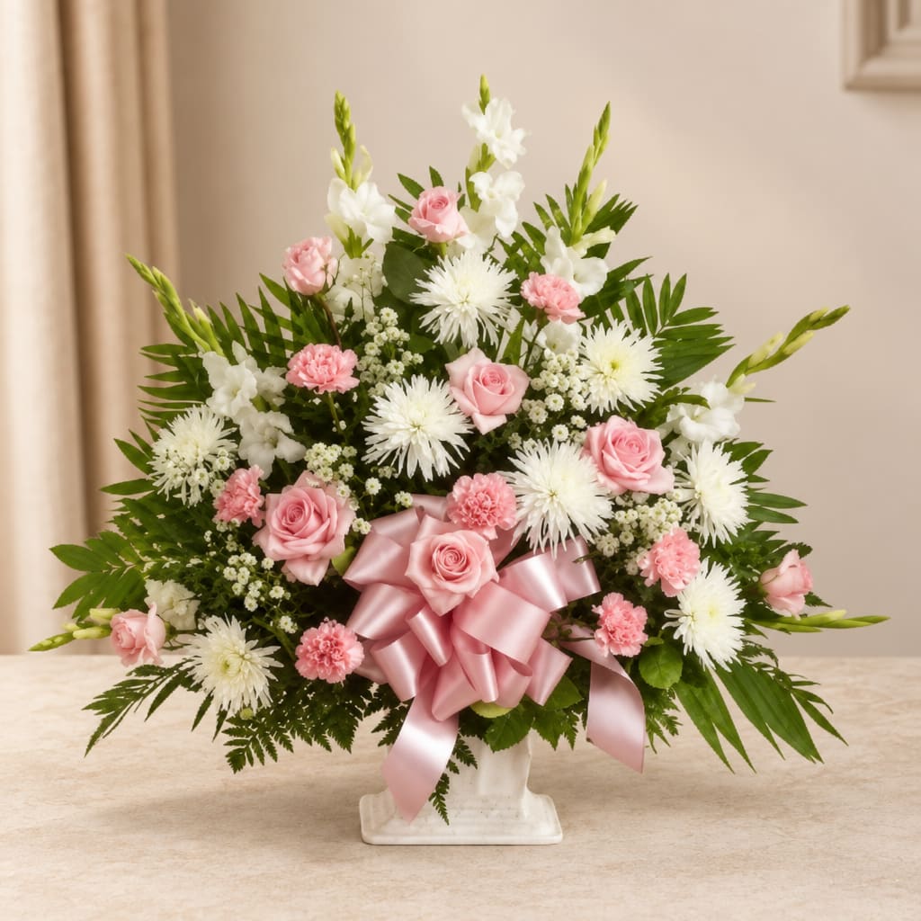 Pink roses and white flowers arranged in a vase with a pink ribbon
