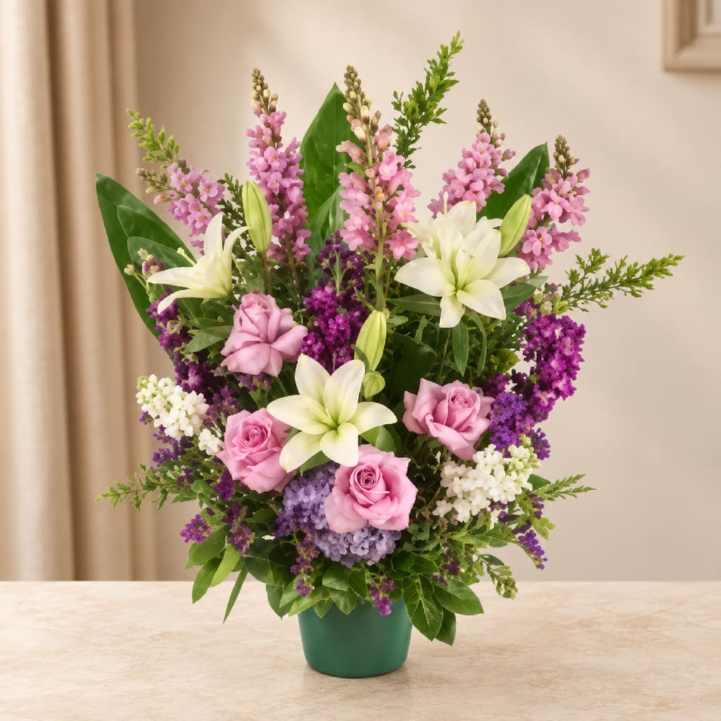 Pink roses and white lilies in a green pot with purple filler flowers