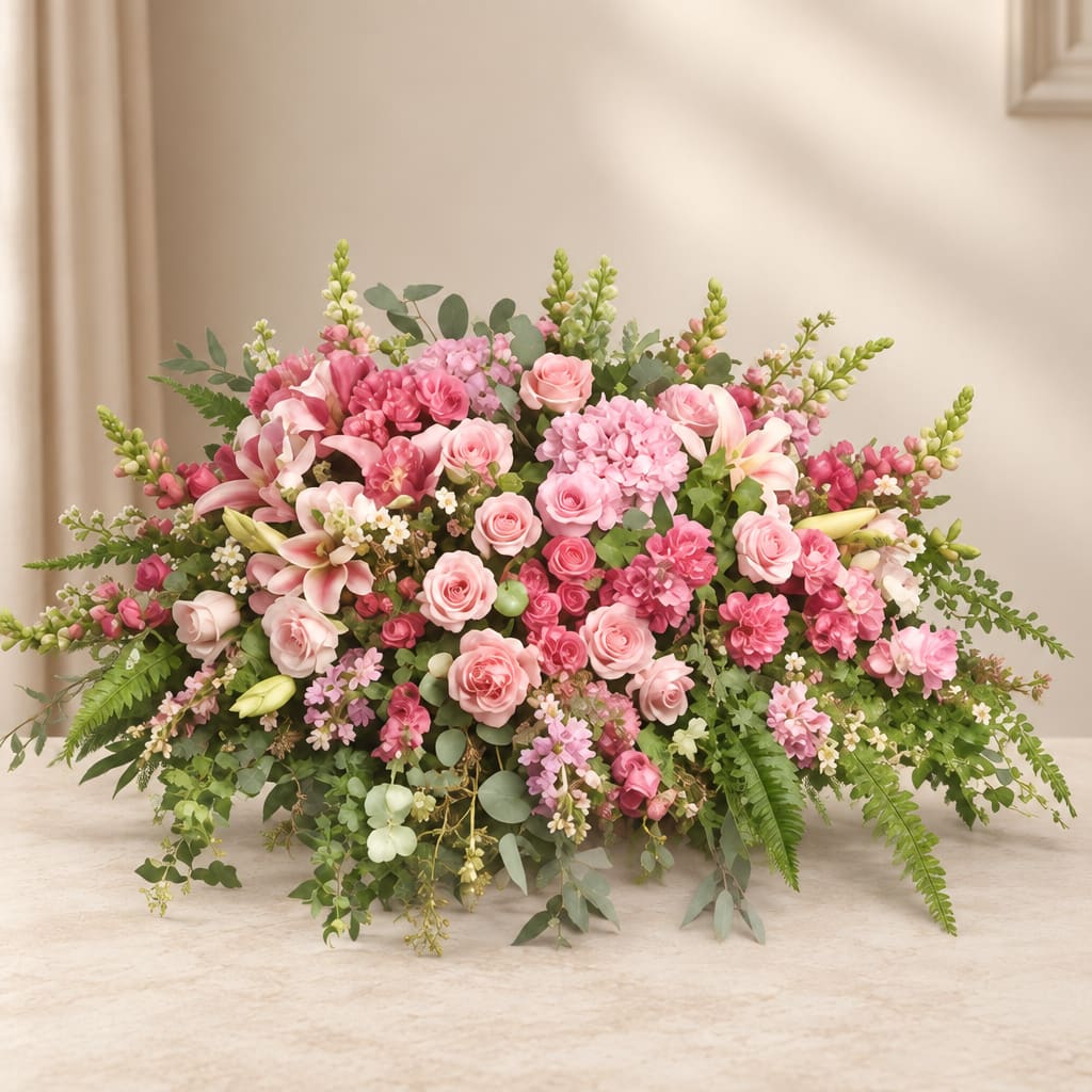 Large pink floral arrangement with roses and lilies on a tabletop