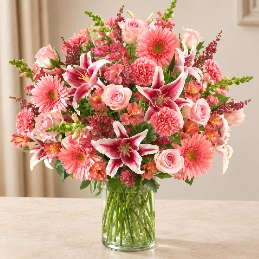 Pink mixed bouquet in a clear glass vase