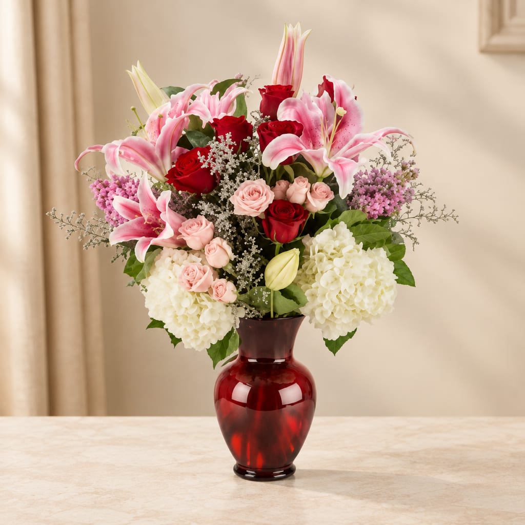 Pink lilies and red roses in a red glass vase