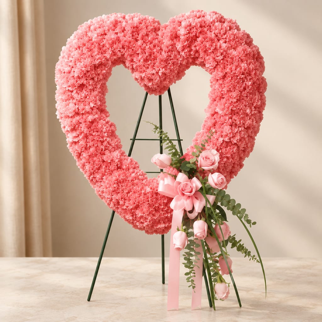 Pink heart-shaped floral wreath on a stand with roses and ribbon