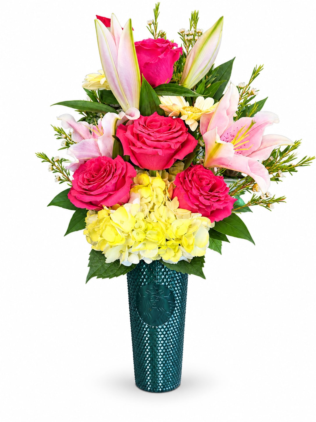 Pink roses and lilies in a teal vase with yellow hydrangeas