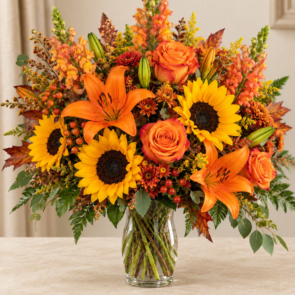 Orange lilies, roses, and sunflowers in a clear glass vase