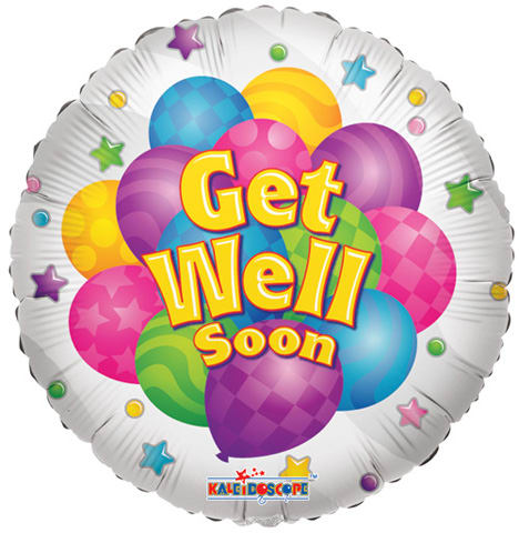 Round foil balloon with colorful balloons and the words Get Well Soon