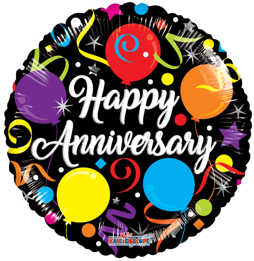 Round balloon with "Happy Anniversary" text and colorful confetti graphics