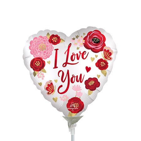 Heart-shaped balloon with "I Love You" and floral graphics