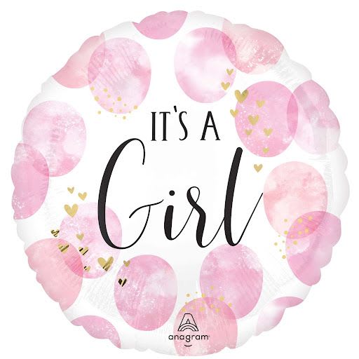 Round pink balloon with "It's a Girl" text and gold hearts