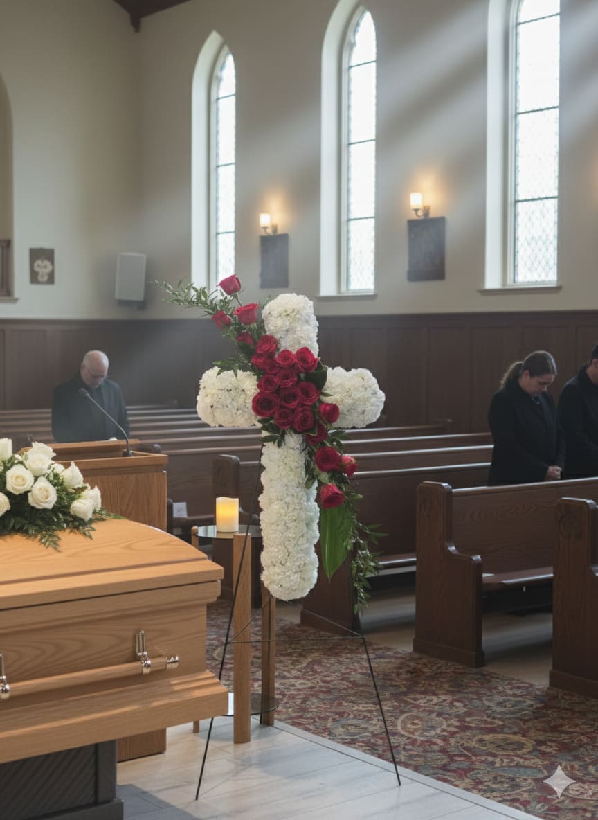 Red roses and white flowers arranged in a cross on a stand inside a church
