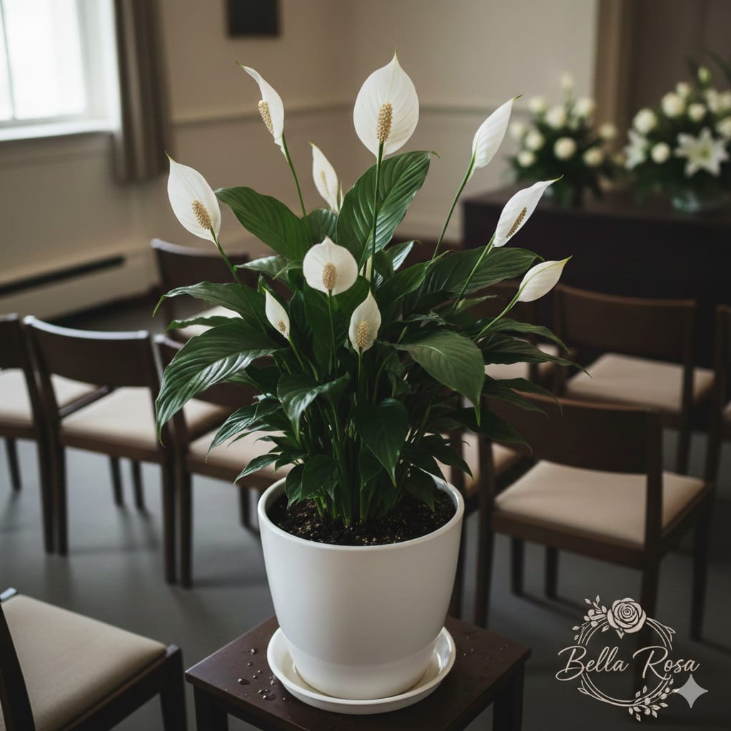 White peace lily in a white pot on a table