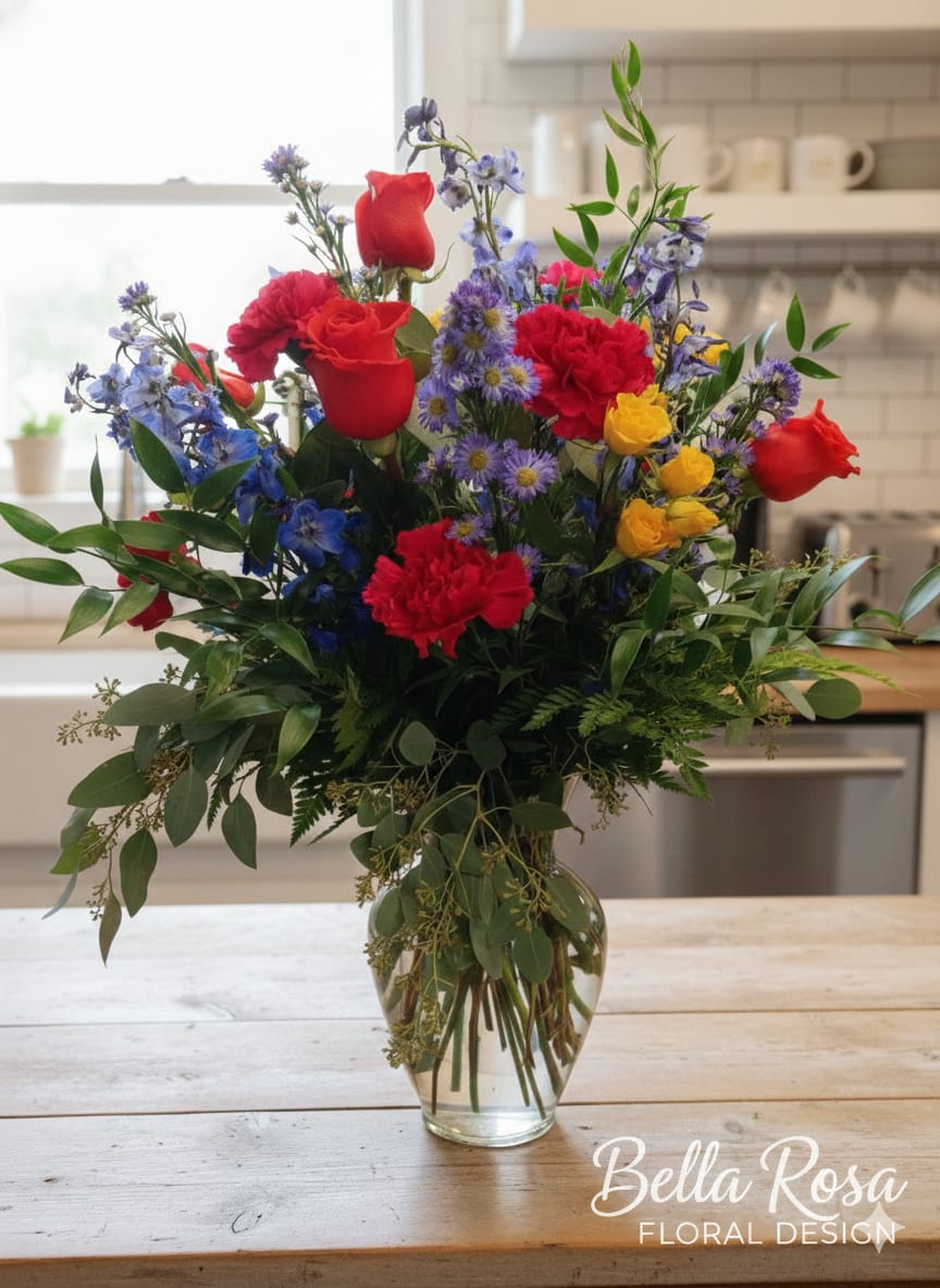 Mixed bouquet of red, yellow, and blue flowers in a glass vase