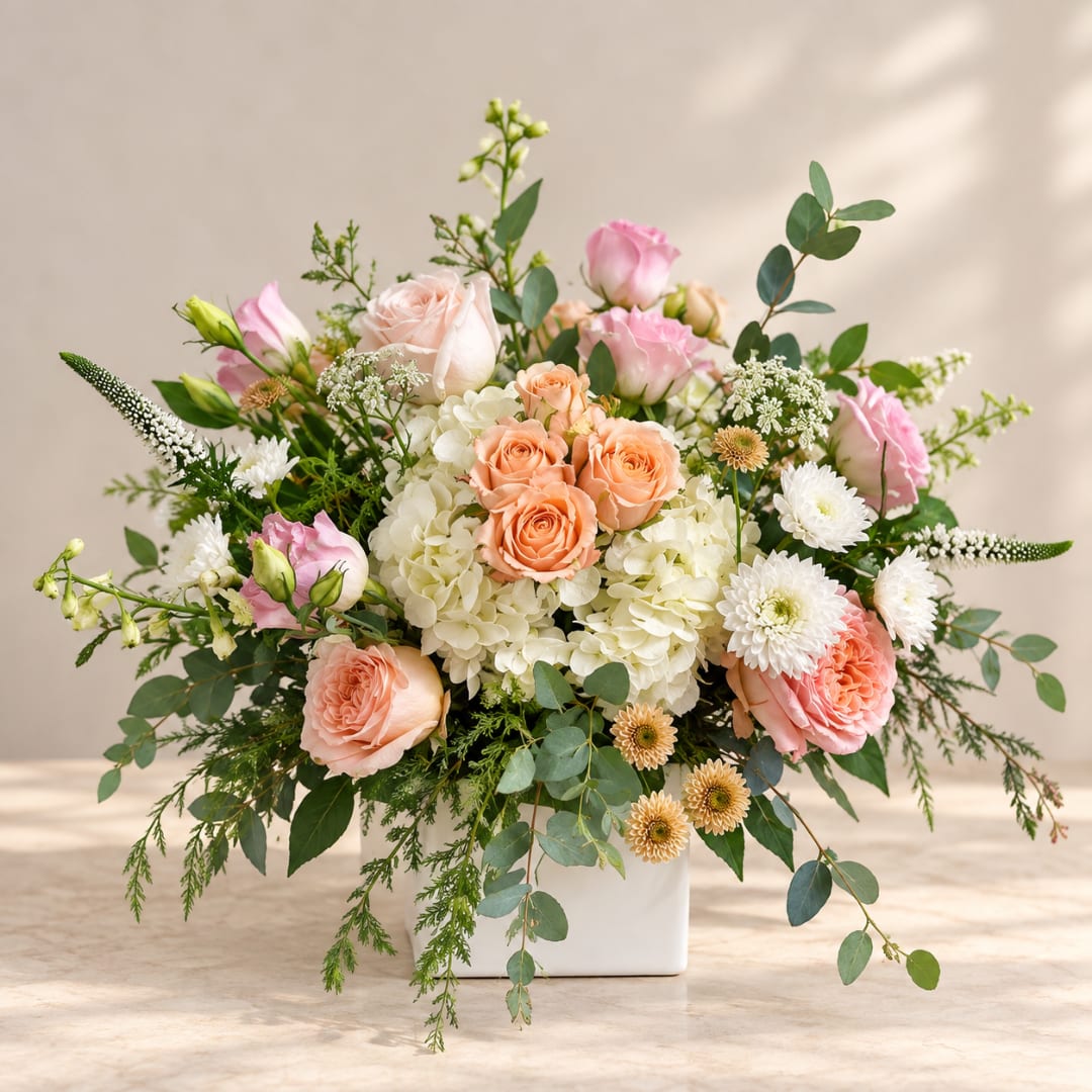 Mixed bouquet of peach and pink roses in a white vase