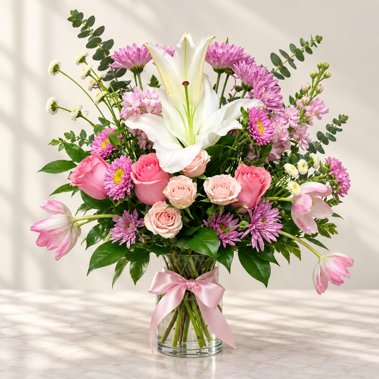 Pink and white mixed flower bouquet in a glass vase with a pink ribbon