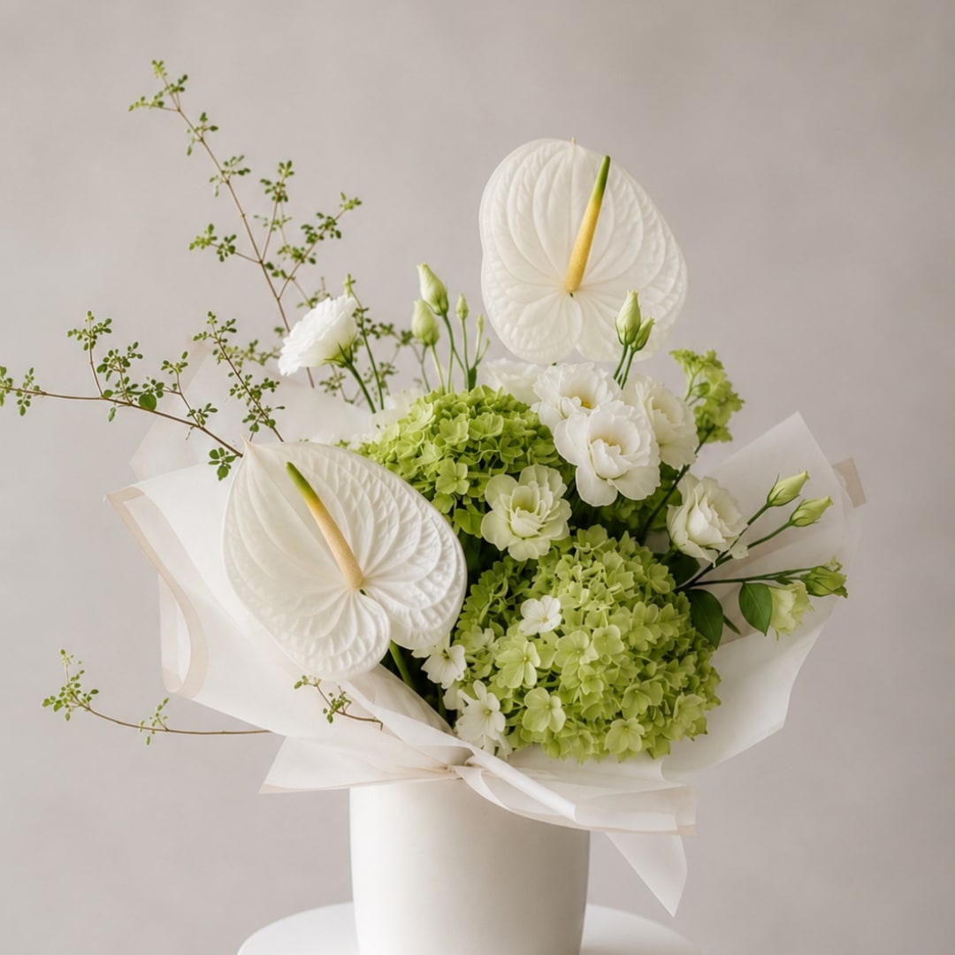 White anthuriums and green hydrangeas in a white vase