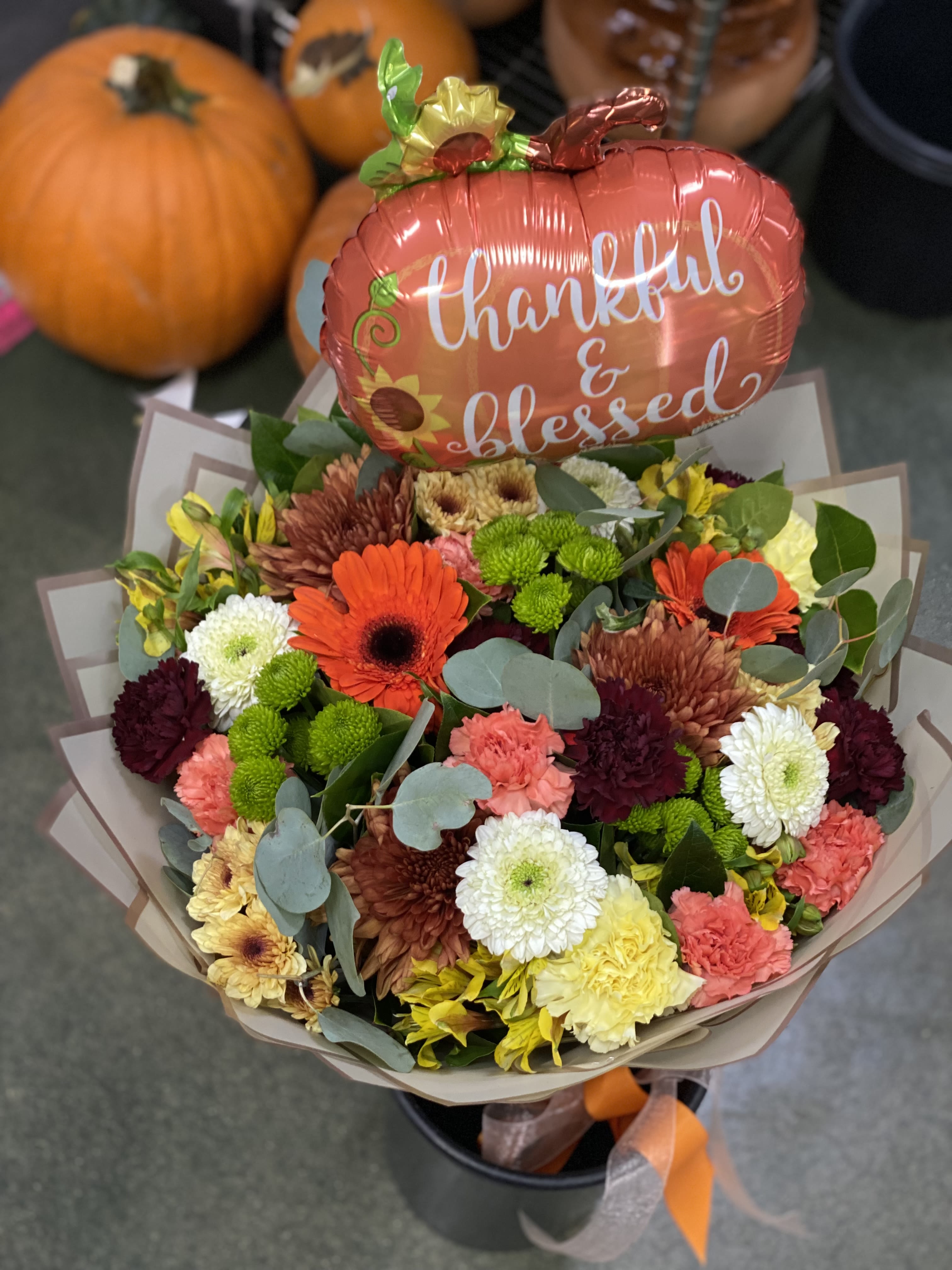 #4 Wrapped Thanksgiving Bouquet - Standard Mix. Balloon on Stick is Included. 