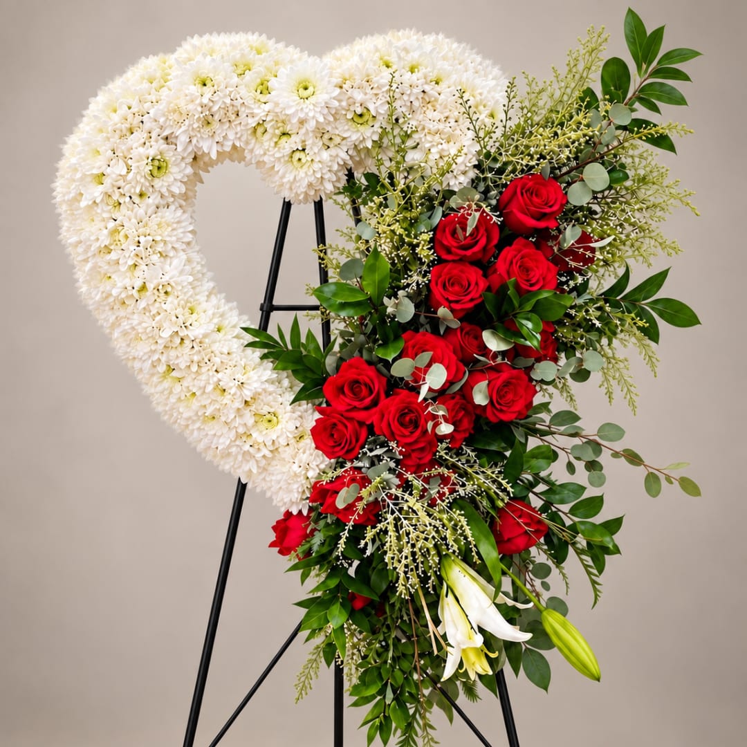 Heart-shaped floral wreath with white chrysanthemums and red roses on a stand