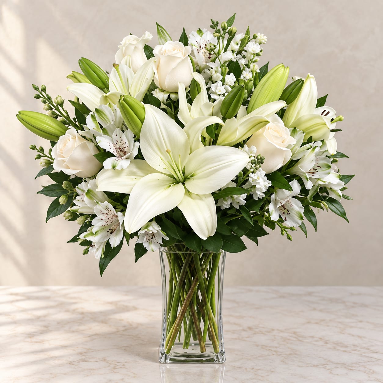 White lilies and roses arranged in a clear glass vase