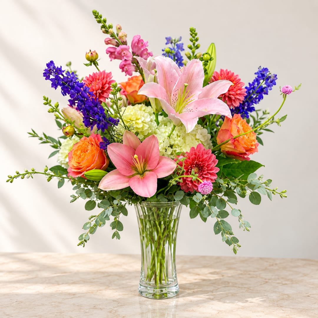 Mixed bouquet of pink lilies, roses, and purple flowers in a clear glass vase