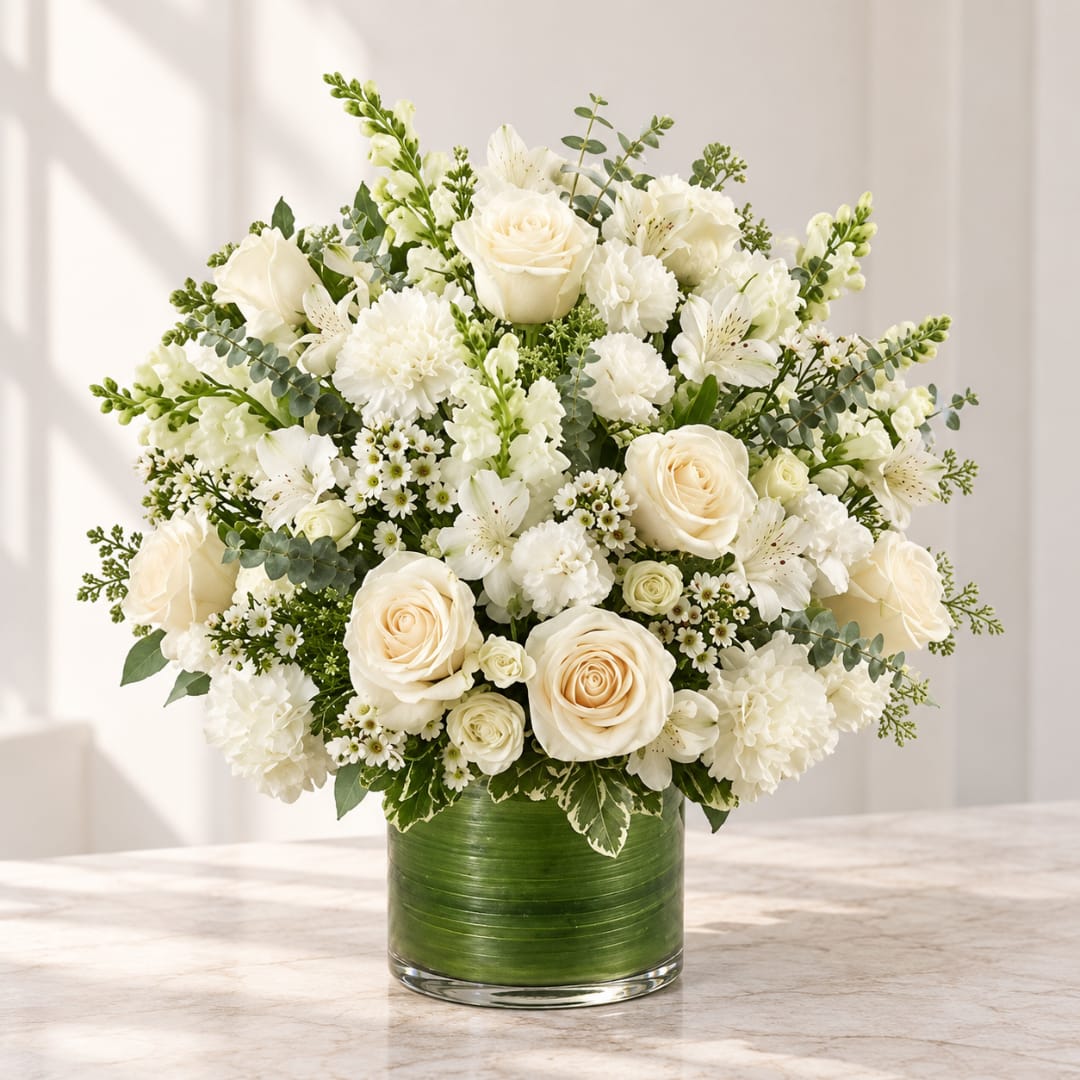 White floral arrangement in a green glass vase
