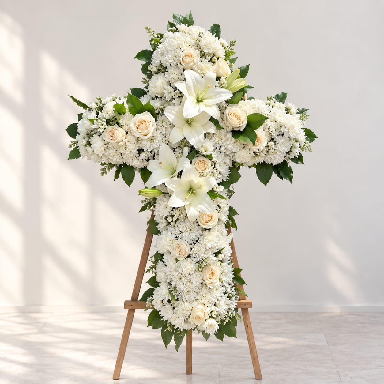 White floral cross arrangement on a wooden easel