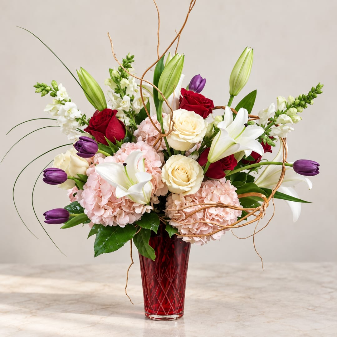 Mixed bouquet of roses, lilies, hydrangeas, and tulips in a red vase