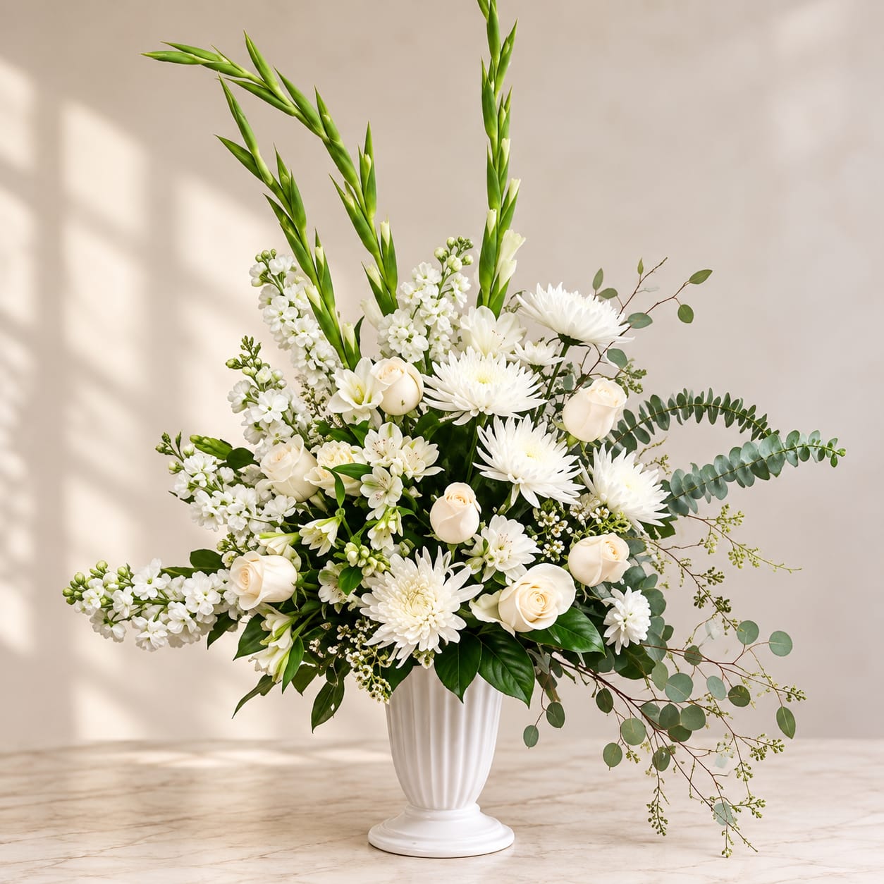 White floral arrangement in a tall white vase with long green stems
