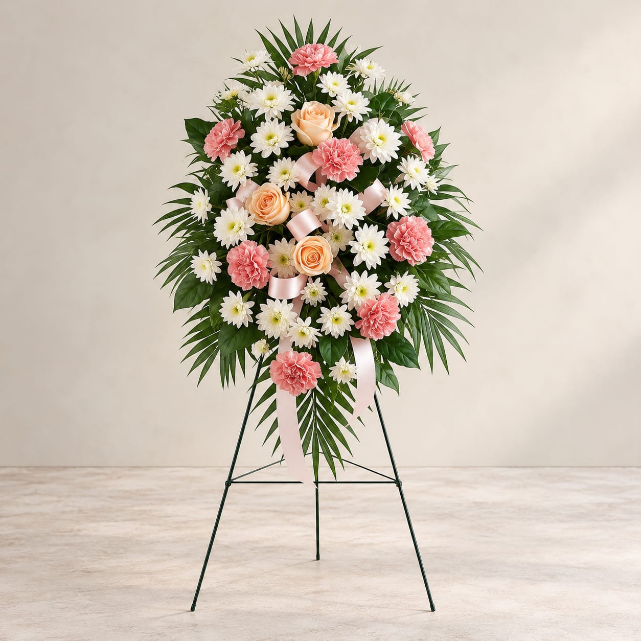 Standing floral wreath with pink and white flowers on a metal easel