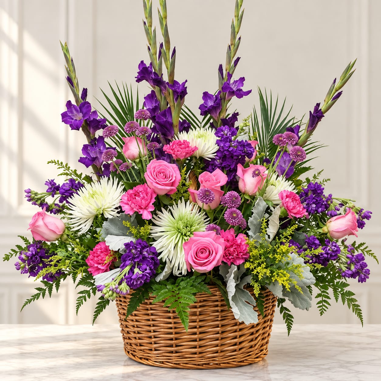 Pink and purple mixed flower arrangement in a wicker basket