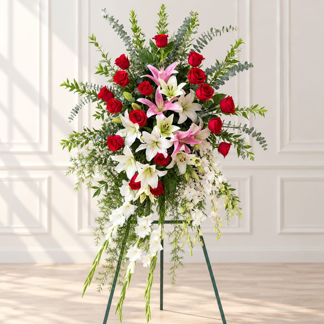 Standing floral spray with red roses and white lilies on a metal easel