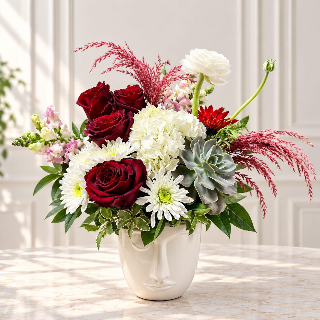 Red roses and white blooms in a white face vase with pink accents