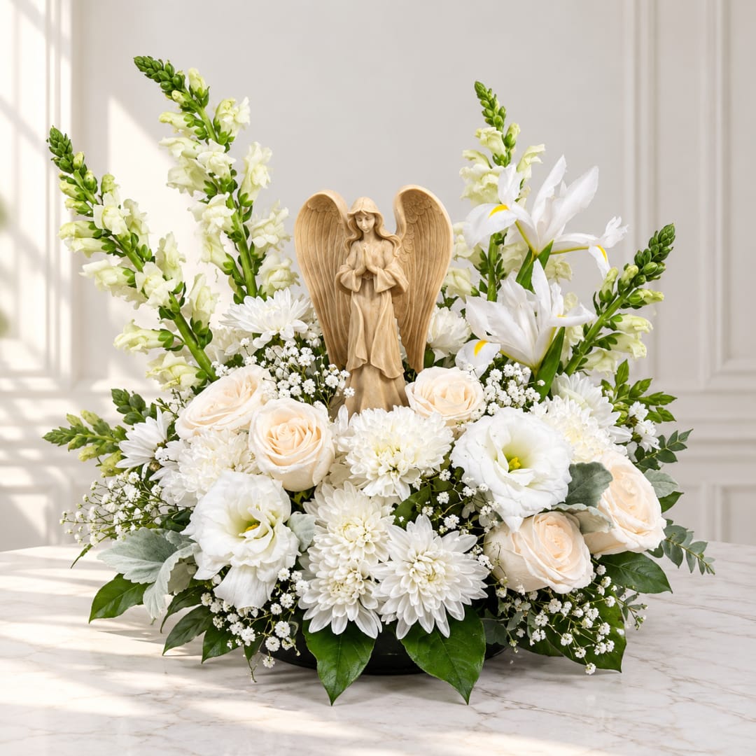 White floral arrangement with roses, daisies, and an angel figurine