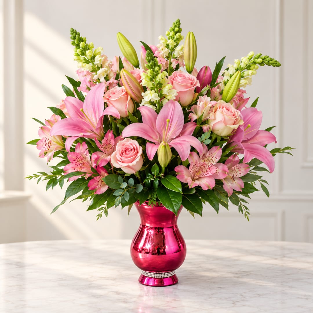 Pink lilies and roses arranged in a shiny pink vase