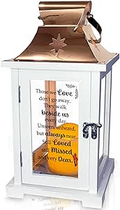 White memorial lantern with a printed quote and candle inside