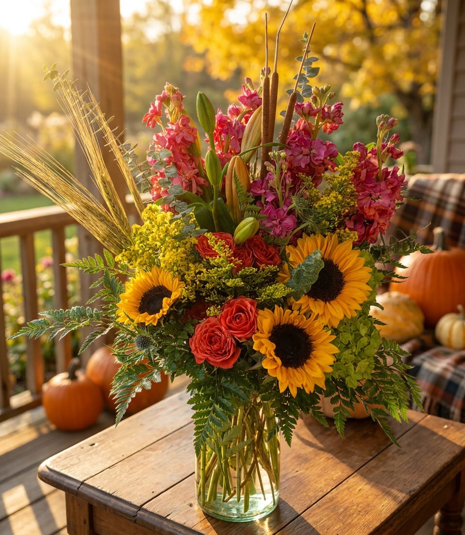 Sunflower and rose arrangement in a glass vase with autumn accents
