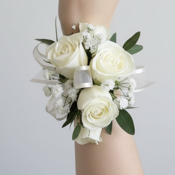 White Rose Corsage - White spray roses with baby's breath and a sheer ribbon. 
