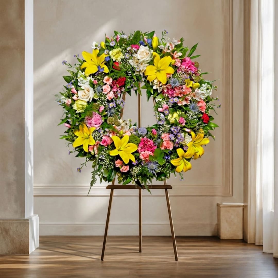 Large floral wreath on an easel with yellow lilies and mixed blooms