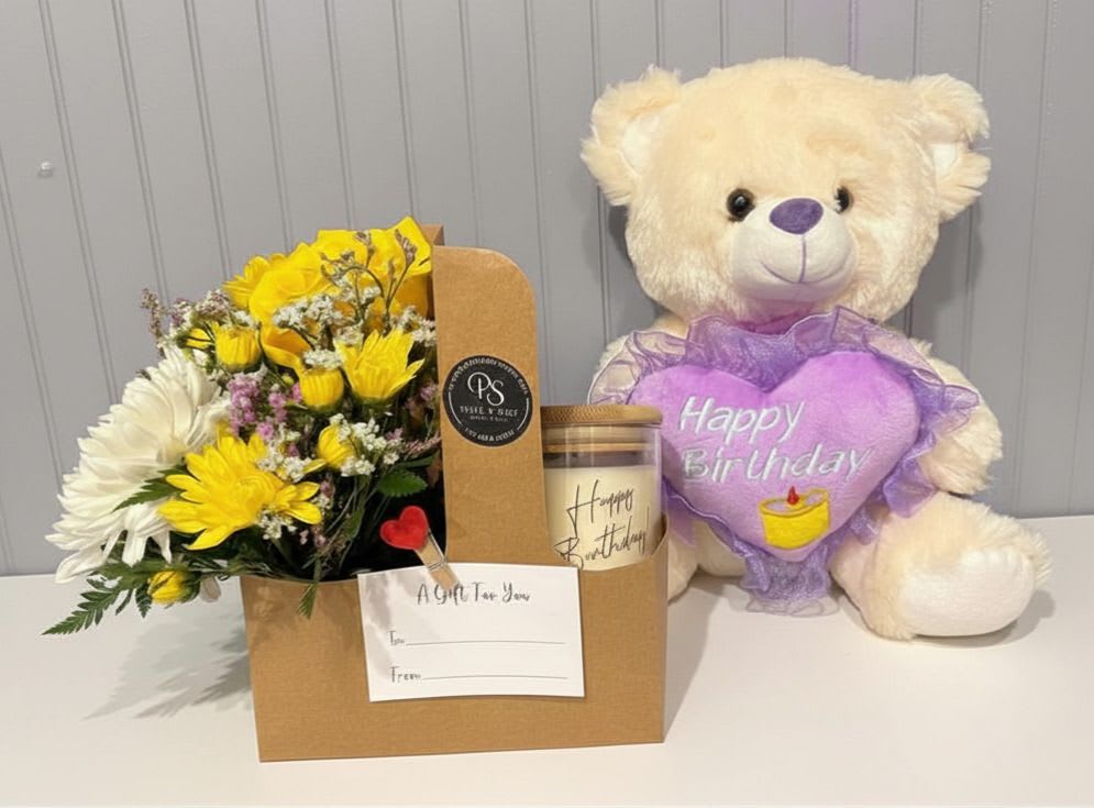 The Bear-day Bundle - This item can be customized to the occasion (get well, anniversary, new baby etc...) Please include occasion when ordering or call us to customize. 
