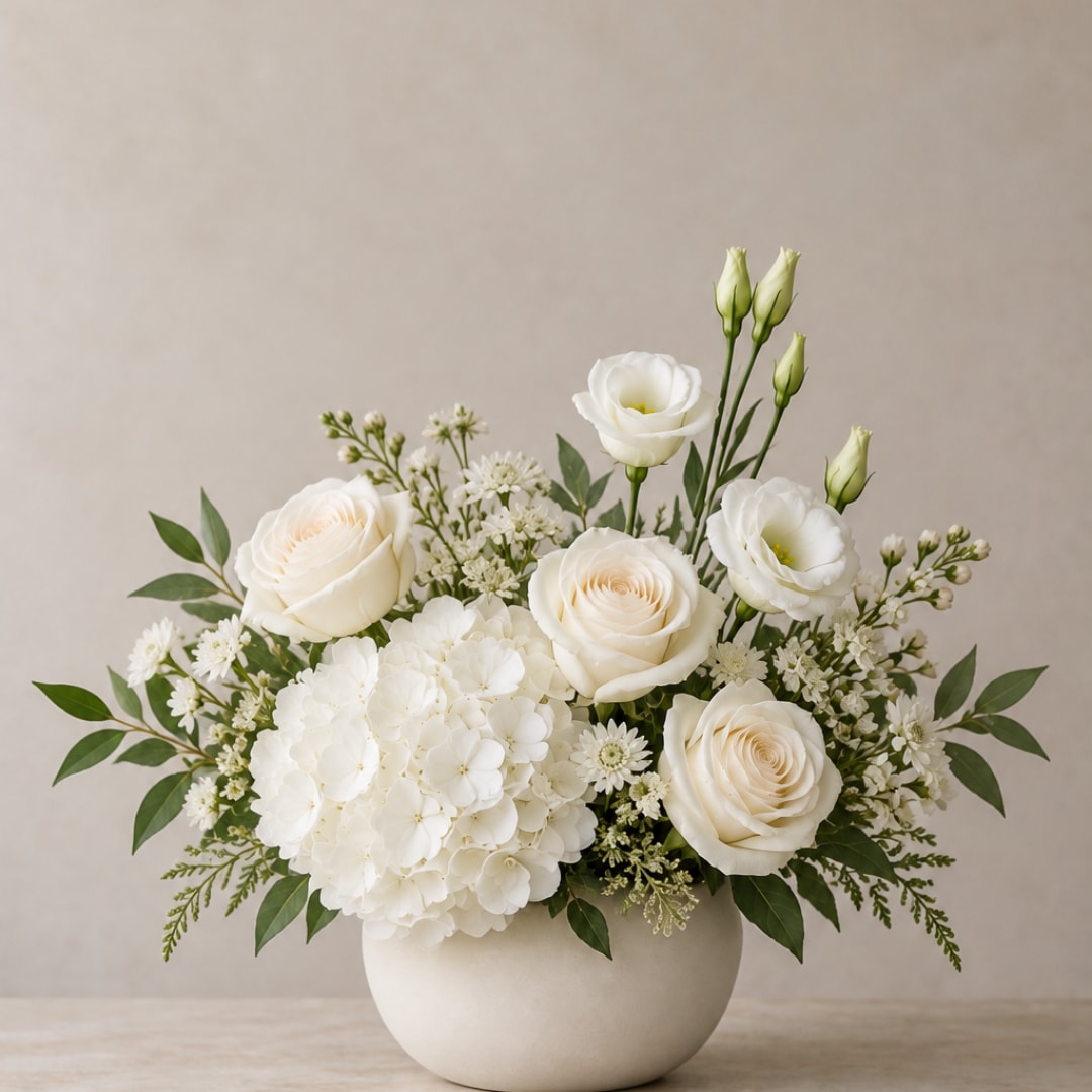 White roses and lisianthus in a round white vase